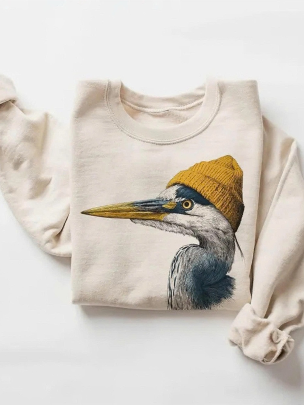 Gildan Cream Sweatshirt with Mustard Beanie Heron Graphic
